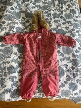 Reflex Pink Floral One-Piece Raincoat with Faux-Fur Hood